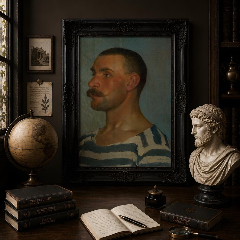 Gondolier Portrait Print, Vintage Oil Painting Poster, Striped Shirt Man Profile, Skutecky 1903