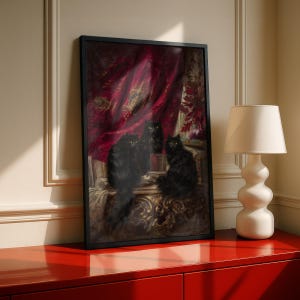 Three Black Cats Vintage Oil Painting Poster, Gothic Wall Art, Crimson Velvet Curtain