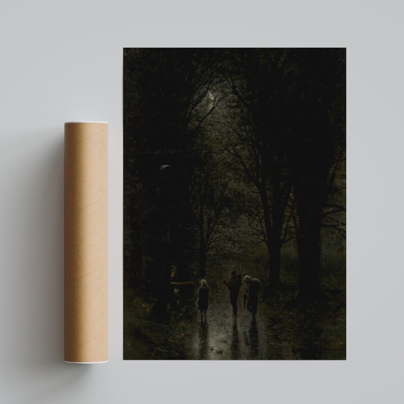 Night Travellers in Dark Forest Poster, Mednyanszky Romantic Moonlit Woodland Wall Art