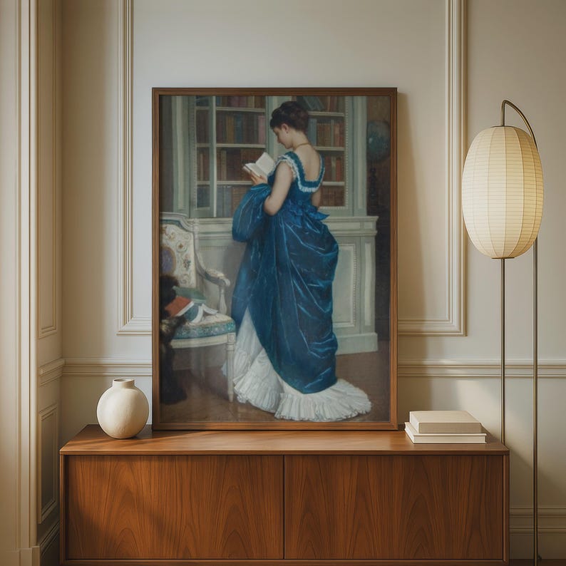 In the Library Toulmouche 1872 Poster, Victorian Woman Reading Book Wall Art
