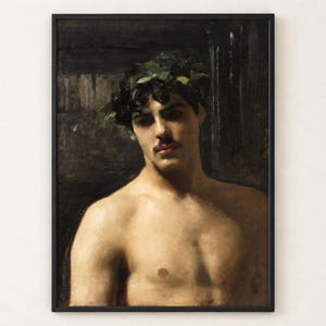 Man Wearing Laurels by John Singer Sargent poster, bare-chested young man in a dark wreath against a black background