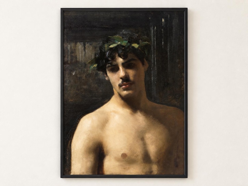 Man Wearing Laurels by John Singer Sargent poster, bare-chested young man in a dark wreath against a black background