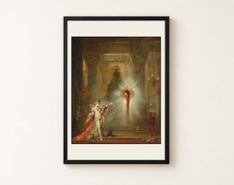 May include: A framed art print featuring a painting of a figure in red and green robes pointing toward a glowing, radiant head suspended in the air within a dark, ornate architectural interior with golden pillars and hanging lamps.