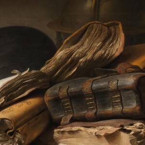 May include: A collection of antique books with weathered pages and leather bindings. One dark, thick volume features prominent raised bands on the spine, while other books show worn, textured paper edges and tan covers in a stacked arrangement.