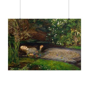 May include: A fine art print depicting a figure floating in a stream, wearing a detailed gown adorned with various colorful flowers. The scene is set within a lush, dense forest environment featuring dark water, green reeds, and white blossoms.