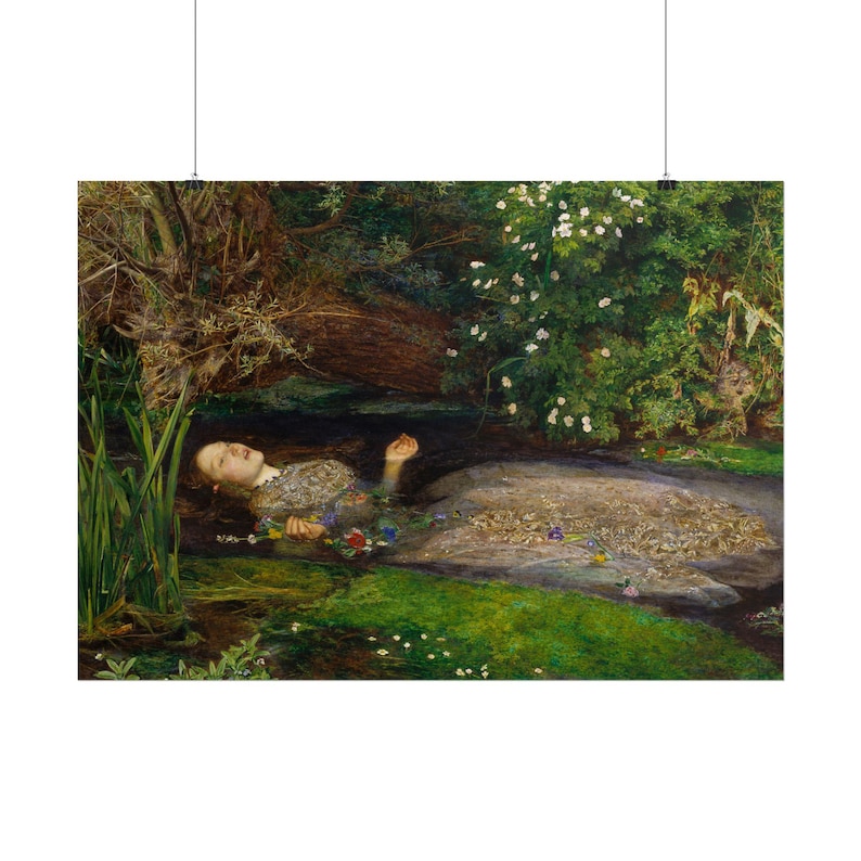 May include: A fine art print depicting a figure floating in a stream, wearing a detailed gown adorned with various colorful flowers. The scene is set within a lush, dense forest environment featuring dark water, green reeds, and white blossoms.