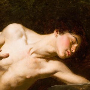 May include: An oil painting depicting a reclining figure with pale skin, dark hair, and closed eyes. The figure is shown from the chest up, with a soft, warm light illuminating the torso and face against a dark, shadowed background.