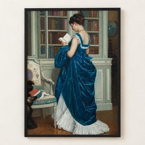 In the Library by Toulmouche poster, woman in a blue gown reading beside a glass-fronted bookcase