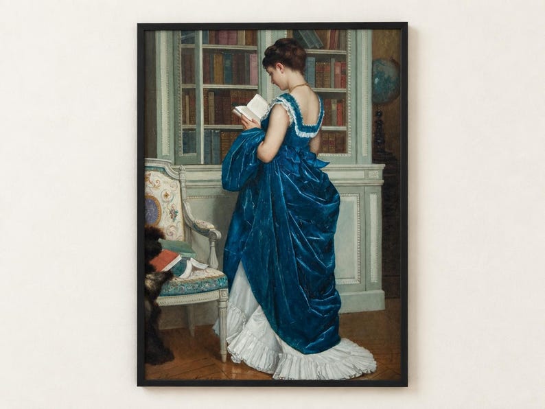 In the Library by Toulmouche poster, woman in a blue gown reading beside a glass-fronted bookcase