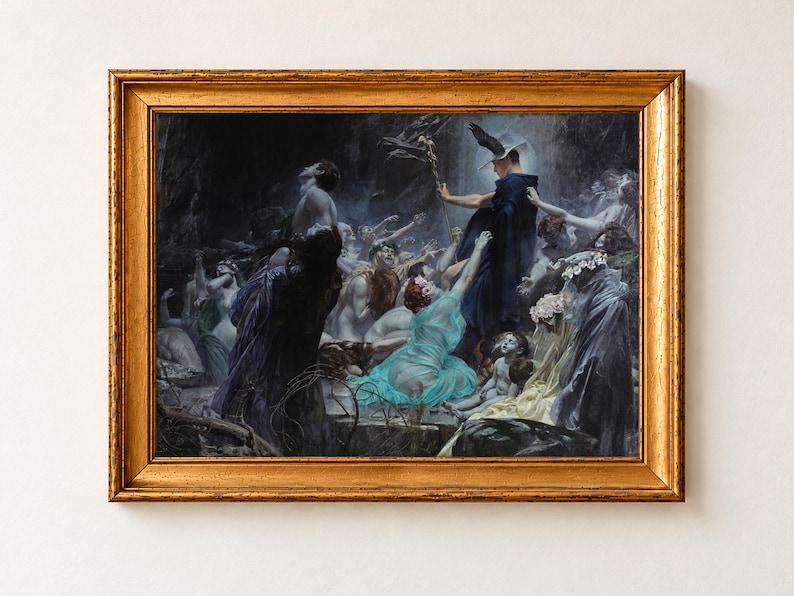 Souls on the Banks of the Acheron by Adolf Hiremy-Hirschl, 1898, as a framed print in an antique gold frame on a cream wall. Pale souls of the dead reach out and plead with Hermes, the cloaked guide of the underworld, on the dark banks of the river Acheron.