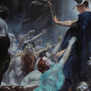 May include: An oil painting depicting a figure in a dark blue cloak and wide-brimmed hat holding a staff with a golden serpent, surrounded by a crowd of pale, reaching figures, some wearing floral wreaths, in a dimly lit, somber setting.