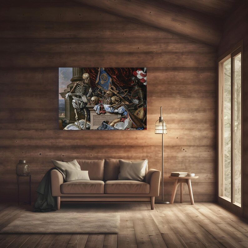 May include: A rectangular wall art print featuring a detailed oil painting of a skeleton standing beside a stone pedestal, surrounded by skulls, musical instruments, a suit of armor, and draped red fabric, all set against a dark background.