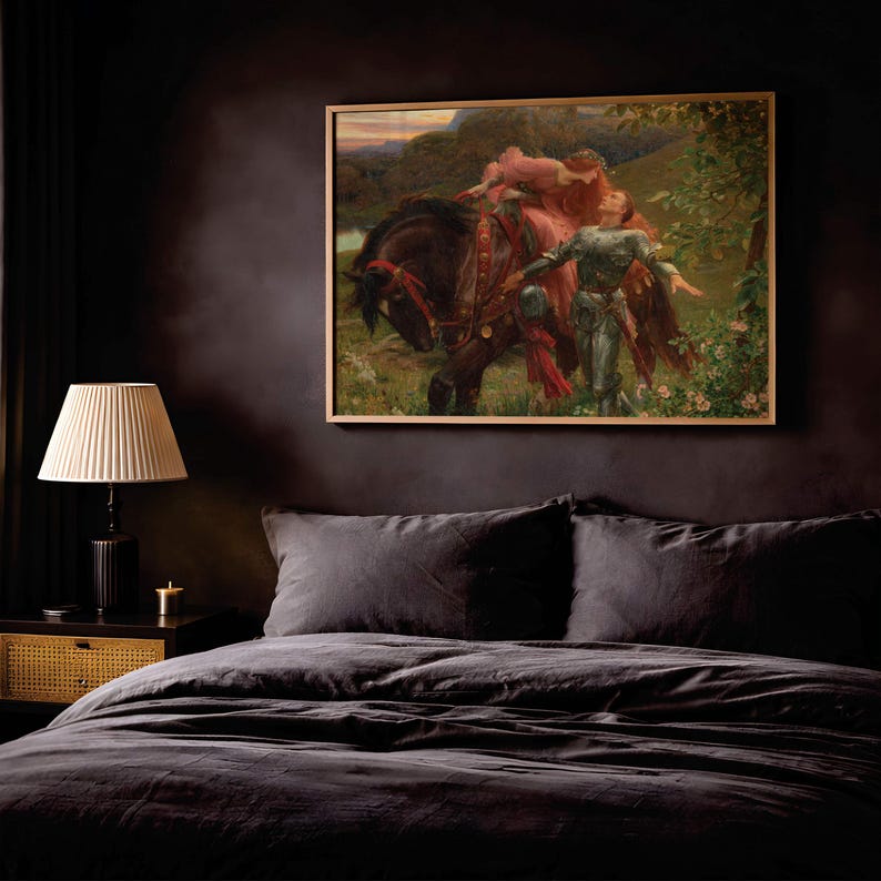 La Belle Dame sans Merci Frank Dicksee Print, Pre-Raphaelite knight wall art, Dark Academia Wall Art, Medieval Romantic Poster