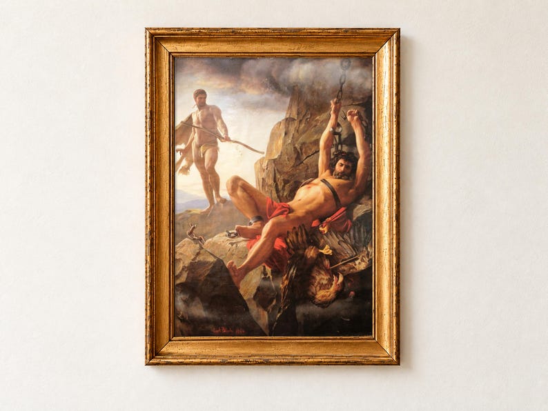 Prometheus Unbound by Carl Bloch, 1864. A bearded Titan in a red loincloth hangs chained to a rock with his arms raised, a dead eagle pierced by an arrow at his feet, while Heracles with a bow and lion skin stands on the ridge behind.