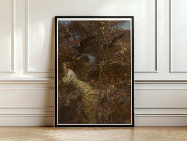 Arthur Rackham Haunted Wood Print, Gothic Fairytale Wall Art, Dark Romantic Ravens, Autumn Forest