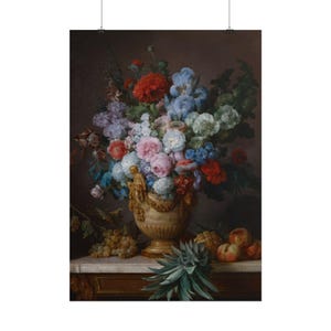 May include: A still life painting featuring a large, ornate beige urn overflowing with a vibrant bouquet of red, blue, pink, and white flowers. Beside the urn, a cluster of green grapes, a pineapple, and several peaches rest on a marble surface.