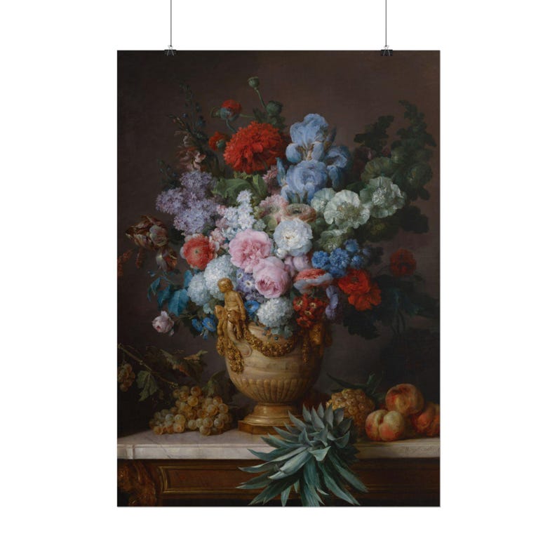 May include: A still life painting featuring a large, ornate beige urn overflowing with a vibrant bouquet of red, blue, pink, and white flowers. Beside the urn, a cluster of green grapes, a pineapple, and several peaches rest on a marble surface.