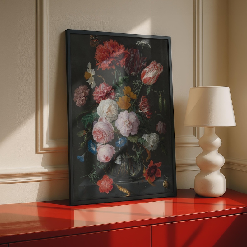 Dutch Golden Age Floral Still Life Poster, Jan de Heem Flowers Glass Vase Wall Art