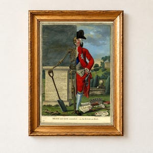 Death and Life Contrasted after Robert Dighton, about 1784 to 1793. A figure split down the middle, half a gentleman in a red coat and black hat and half a skeleton leaning on a spade, stands before a stone tablet in a park, with cards and papers at his feet.