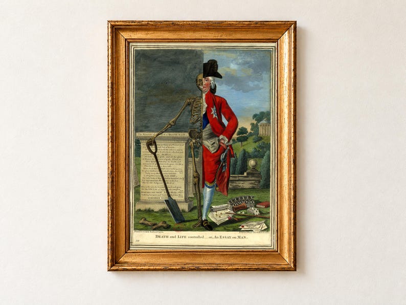 Death and Life Contrasted after Robert Dighton, about 1784 to 1793. A figure split down the middle, half a gentleman in a red coat and black hat and half a skeleton leaning on a spade, stands before a stone tablet in a park, with cards and papers at his feet.