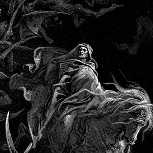 Close up of Death on the Pale Horse by Gustave Doré, 1866. A black and white engraving of hooded Death with a scythe riding a pale galloping horse through the night sky, followed by winged demons above rolling clouds.