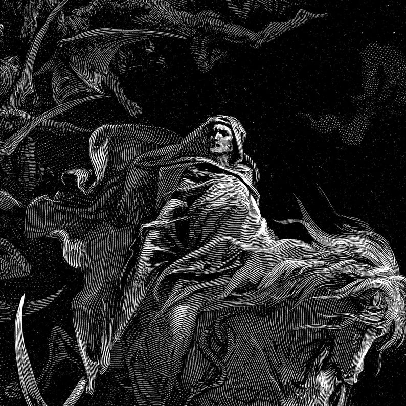 Close up of Death on the Pale Horse by Gustave Doré, 1866. A black and white engraving of hooded Death with a scythe riding a pale galloping horse through the night sky, followed by winged demons above rolling clouds.