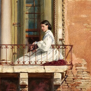 Close-up of Anna Passini by Ludwig Passini: Anna in white at the balcony railing beneath a carved Gothic window.