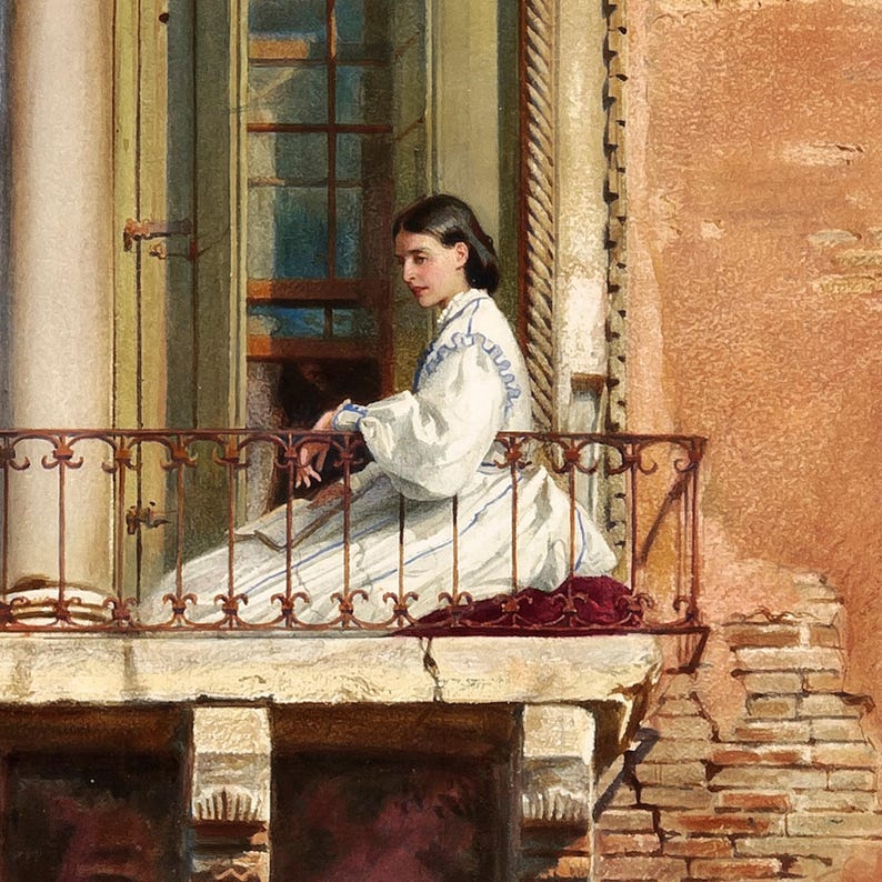 Close-up of Anna Passini by Ludwig Passini: Anna in white at the balcony railing beneath a carved Gothic window.
