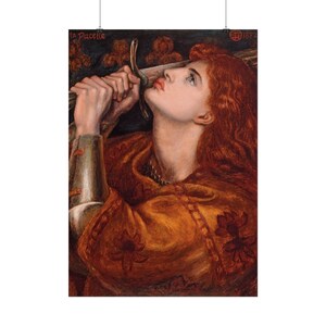 May include: A painting titled La Pucelle dated 1882, depicting a person with long red hair wearing a metallic arm guard and a golden-brown garment with floral patterns, holding a sword near their face while looking upward.