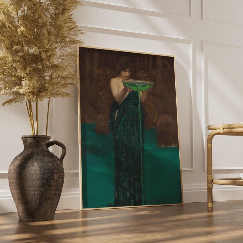 Circe Invidiosa Waterhouse poster, Pre-Raphaelite mythology art, green sorceress wall art