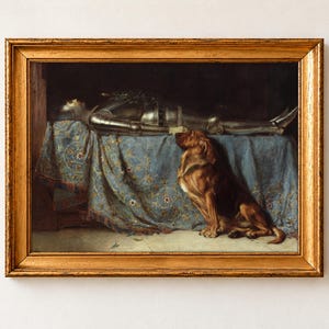Requiescat by Briton Riviere, 1888, as a framed print in an antique gold frame on a cream wall. A bloodhound sits in mourning beside the body of a knight in full armour, laid out on a blue embroidered cloth.