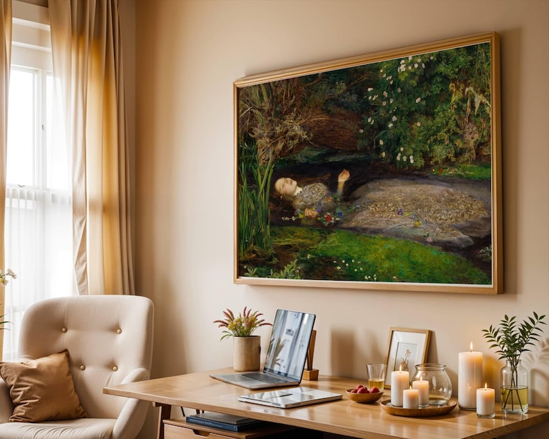 Ophelia by Millais Pre-Raphaelite poster, Shakespeare floral river wall art, dark academia decor