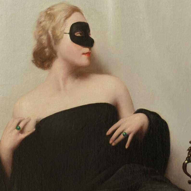 May include: An oil painting of a person with blonde hair styled in an updo, wearing a black domino mask over their eyes. The person is draped in a black fabric garment and wears a green gemstone ring on each hand, one on the right index finger and one on the left ring finger.