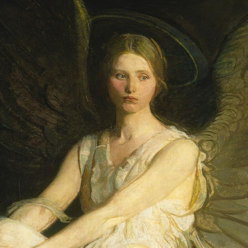 May include: An oil painting depicting a figure with large, dark, feathered wings. The subject has light skin, fair hair, and a neutral expression, wearing a draped, off-white garment. A dark, circular halo is positioned behind the head.