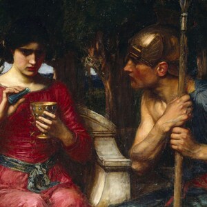 May include: An oil painting depicting a person in a red dress holding a gold chalice with blue accents, while another person wearing a bronze helmet and blue garment stands nearby holding a wooden staff in a dark, wooded setting.