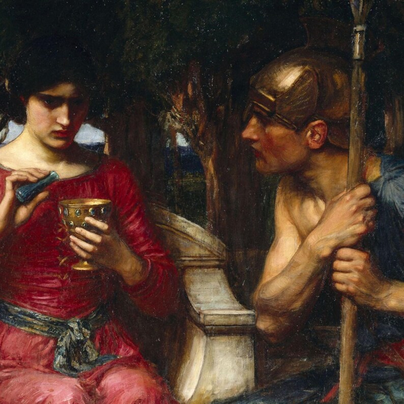May include: An oil painting depicting a person in a red dress holding a gold chalice with blue accents, while another person wearing a bronze helmet and blue garment stands nearby holding a wooden staff in a dark, wooded setting.