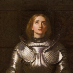 May include: A portrait of a person with shoulder-length brown hair wearing polished steel plate armor. The armor features articulated shoulder pauldrons and a gorget around the neck. The individual has a focused upward gaze and pale skin.