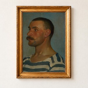Head Study of a Gondolier by Dominik Skutecký, 1903. A man with close-cropped dark hair and a thick moustache in left-facing profile, wearing a blue and white striped shirt, against a blue-grey background, signed lower right.