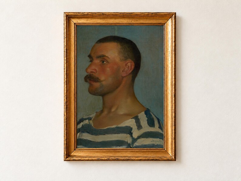 Head Study of a Gondolier by Dominik Skutecký, 1903. A man with close-cropped dark hair and a thick moustache in left-facing profile, wearing a blue and white striped shirt, against a blue-grey background, signed lower right.