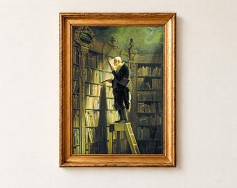 May include: A framed painting depicts a person in dark formal attire standing on a yellow step ladder inside a library. The individual holds an open book while surrounded by tall, dark wooden bookshelves filled with numerous books.
