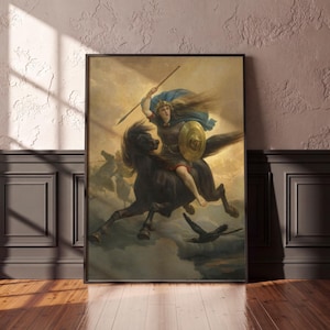 Valkyrie on Black Horse, Norse Mythology Wall Art, Peter Nicolai Arbo Painting, Viking Warrior Art