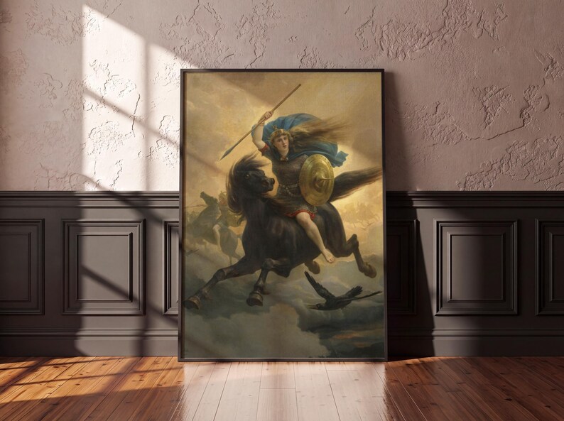 Valkyrie on Black Horse, Norse Mythology Wall Art, Peter Nicolai Arbo Painting, Viking Warrior Art