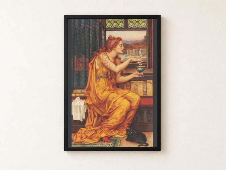 The Love Potion Print, Evelyn De Morgan 1903 Pre Raphaelite Wall Art, Black Cat Poster