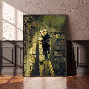 Carl Spitzweg artwork in a black frame on a wall with a dark wood floor