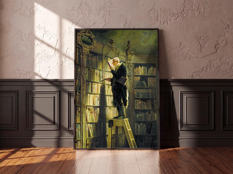 Carl Spitzweg artwork in a black frame on a wall with a dark wood floor