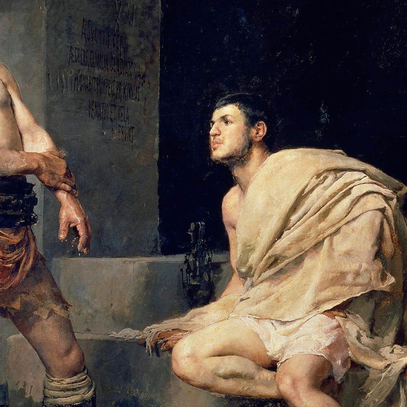 Close-up of a gladiator's face and upper body within the artwork