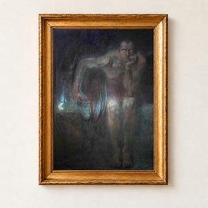 Lucifer by Franz von Stuck, 1890. A dark, muscular figure sits hunched in deep shadow, chin resting on his fist, his pale eyes glowing out of the darkness.
