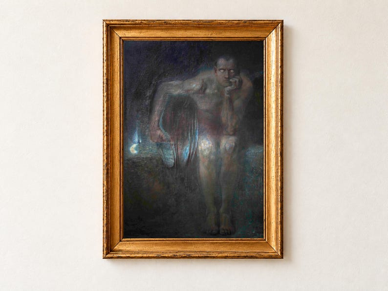 Lucifer by Franz von Stuck, 1890. A dark, muscular figure sits hunched in deep shadow, chin resting on his fist, his pale eyes glowing out of the darkness.