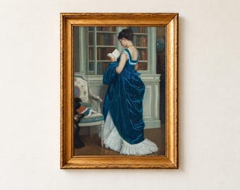 In the Library Toulmouche 1872 Poster, Woman Reading Painting, Victorian Era Library Wall Art