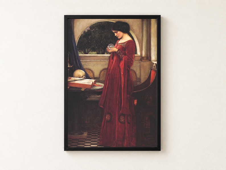 The Crystal Ball Print, Waterhouse 1902 Pre Raphaelite Wall Art, Skull Dark Academia Poster